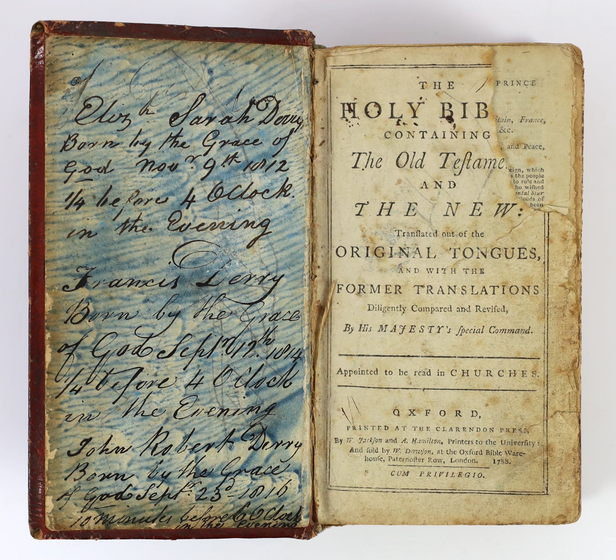 Bible in Latin - Biblia Sacra Vulgate Editioni, Sixti V.Pont. Max. Jussu…… 8vo, calf, weak joints, spine scuffed and relabelled, lacking pages 783-798, Petri Guillimin, Lyon, [c. 1693], with - Bible in English - The Holy